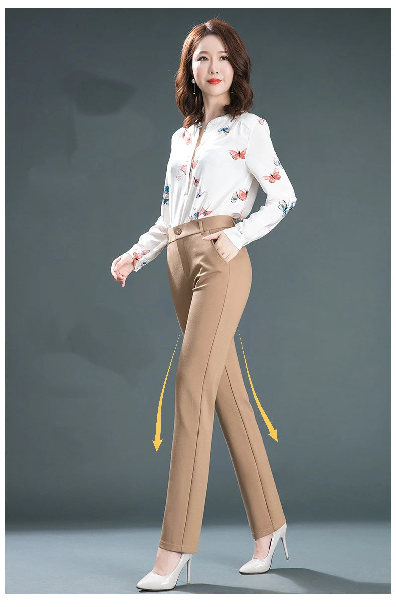 High-Waist Stretch Straight-Leg Casual Trousers