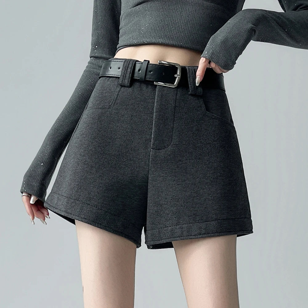 Slim High-Waist Woolen Shorts