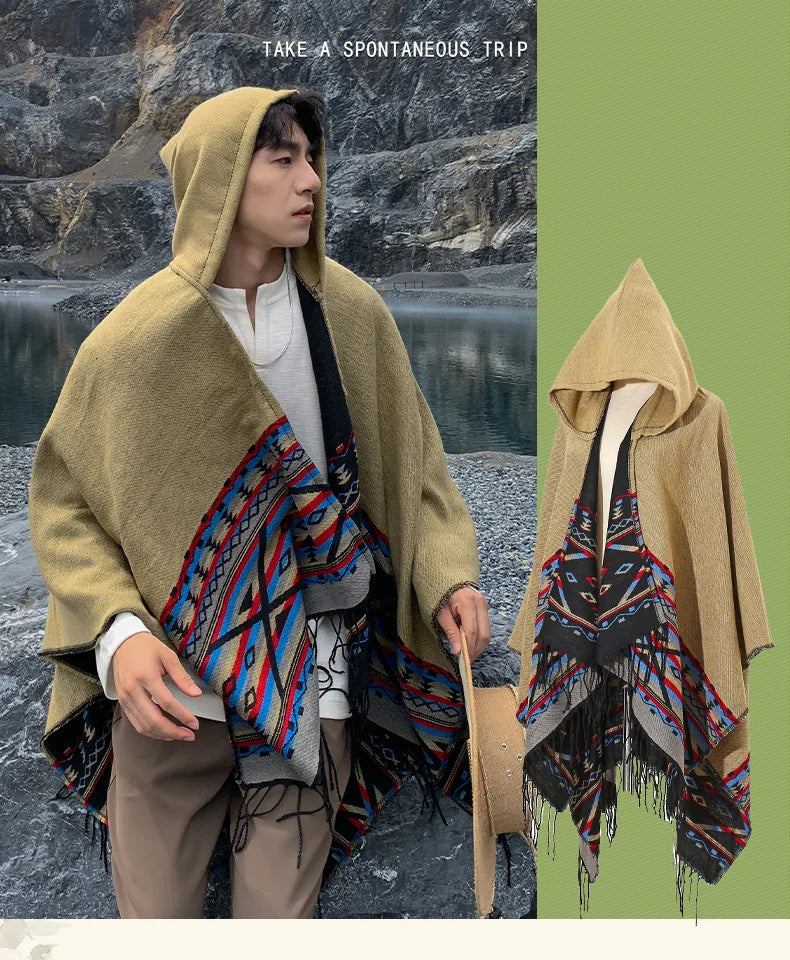 M&T Wear - Winter New Bohemian Shawl Men Ponchos Cashmere Blend Cape Coat Fringe Poncho Vintage Tassel Scarf Hooded Wraps Outwear - M&T Wear