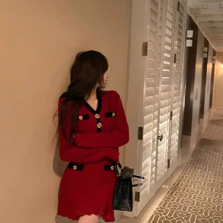 M&T Wear - Elegant V-Neck Slim Fit Knit Mini Dress