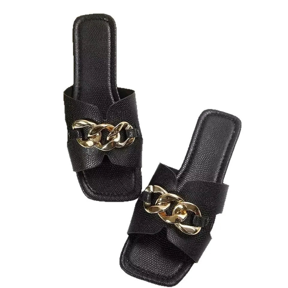 M&T Wear - Women's Chic Metal Chain Square Toe Slides