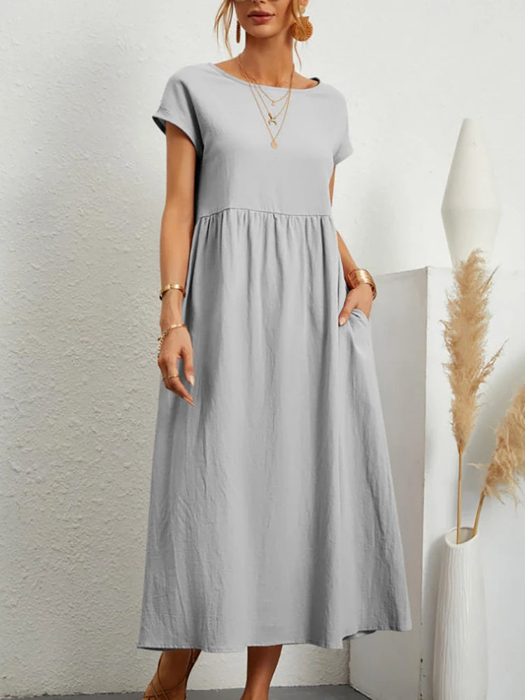Elegant Solid Cotton-Linen Maxi Dress