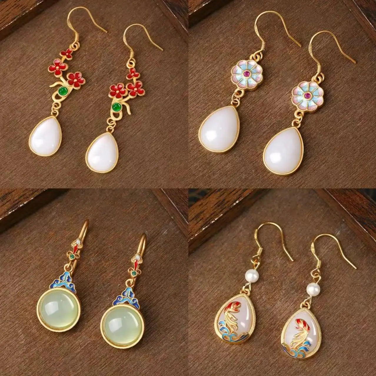 M&T Wear - Vintage Gilded Enamel Water-Drop Jade Earrings