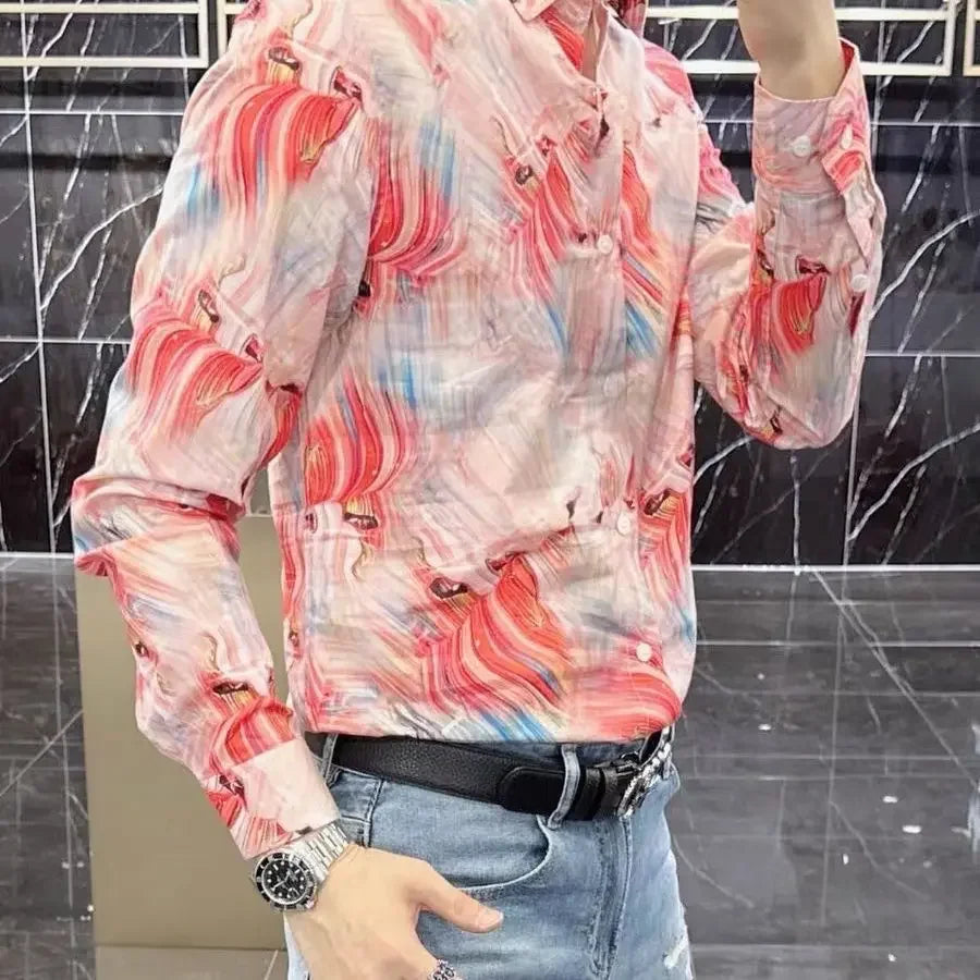 M&T Wear - Spring and Autumn High-end Long-sleeved Men's Fancy Shirt Micro-Stretched Slim Personalized Fashion Printed Shirt - M&T Wear