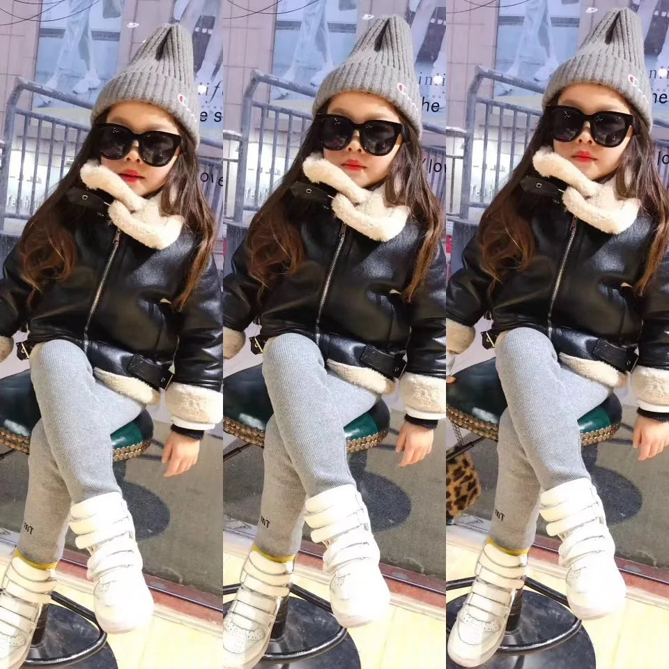 M&T Wear - Girls Jacket Leather Motorcycle Kids Coats Fleece Children Jacket Winter Autumn - M&T Wear