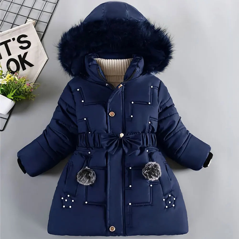 M&T Wear - Children's Winter Jacket Thick Warm Fur Collar Hood Beads Elastic Waist Teens Girls Down Coat,Fashion Windproof Kids Overcoat - M&T Wear
