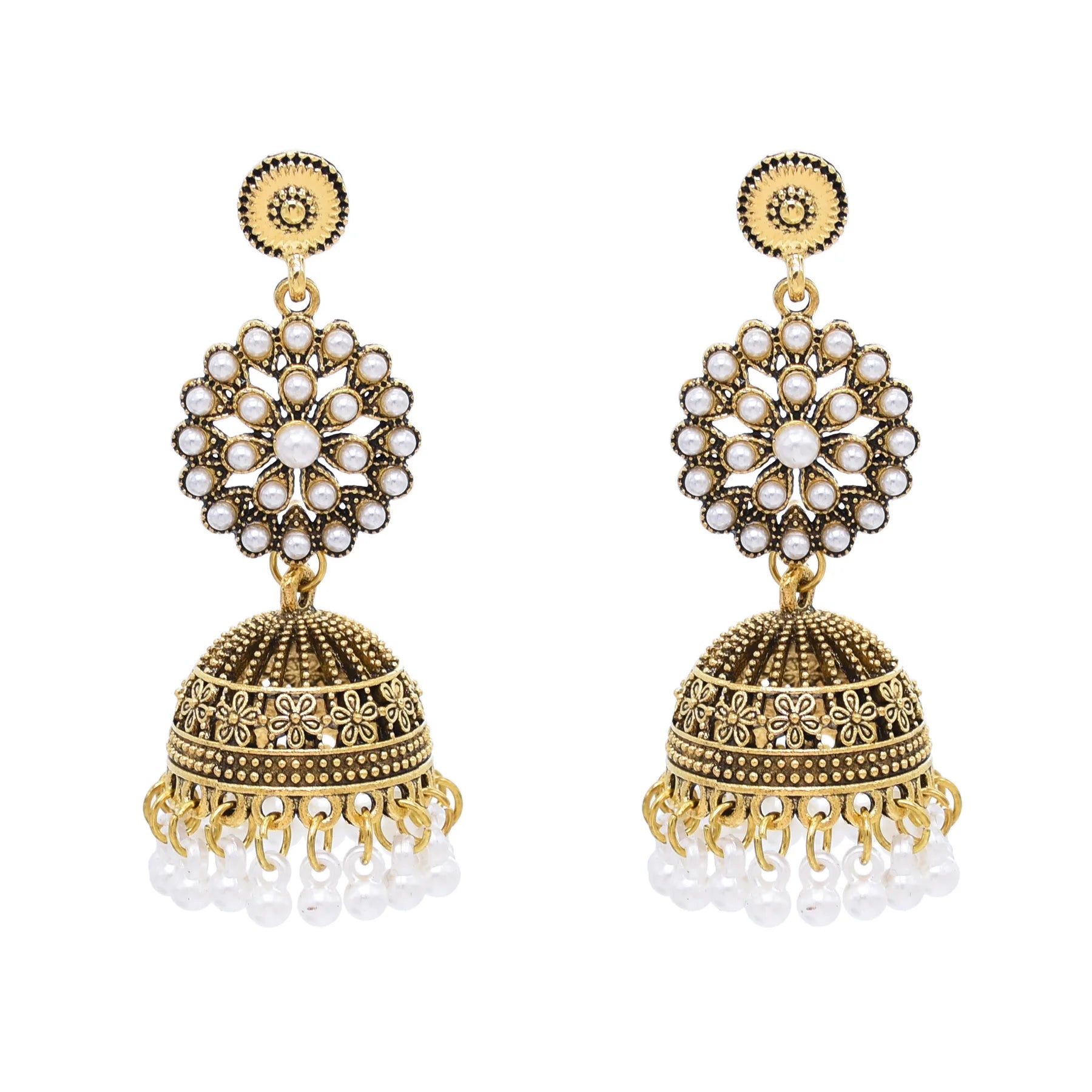 M&T Wear - Traditional Indian Jhumka Earrings for Women | Vintage Peacock Bell Design with Pearl Beads