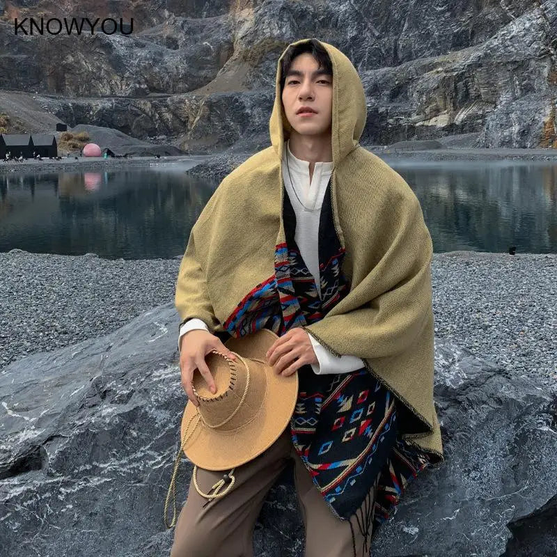 M&T Wear - Winter New Bohemian Shawl Men Ponchos Cashmere Blend Cape Coat Fringe Poncho Vintage Tassel Scarf Hooded Wraps Outwear - M&T Wear