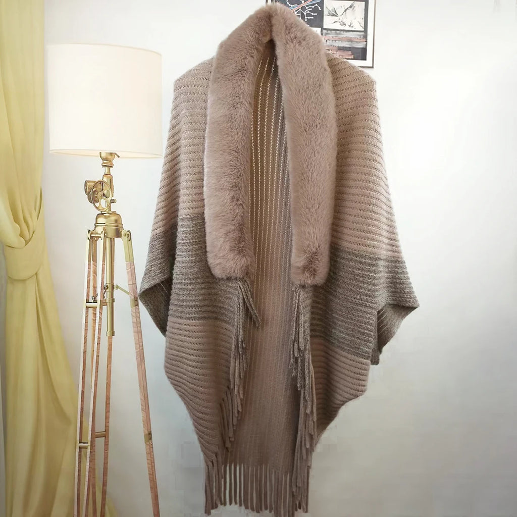 M&T Wear - Winter Hot Selling Women's Fur Collar Shawl Premium Quality Heavy Thick Knitting Shawl Luxury Designers Scarf Tassels Stoles - M&T Wear