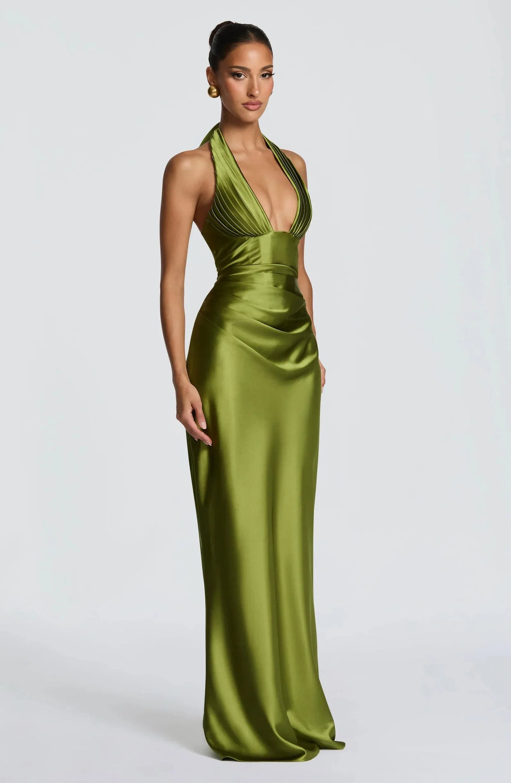Olive Green Satin Formal Evening Dress