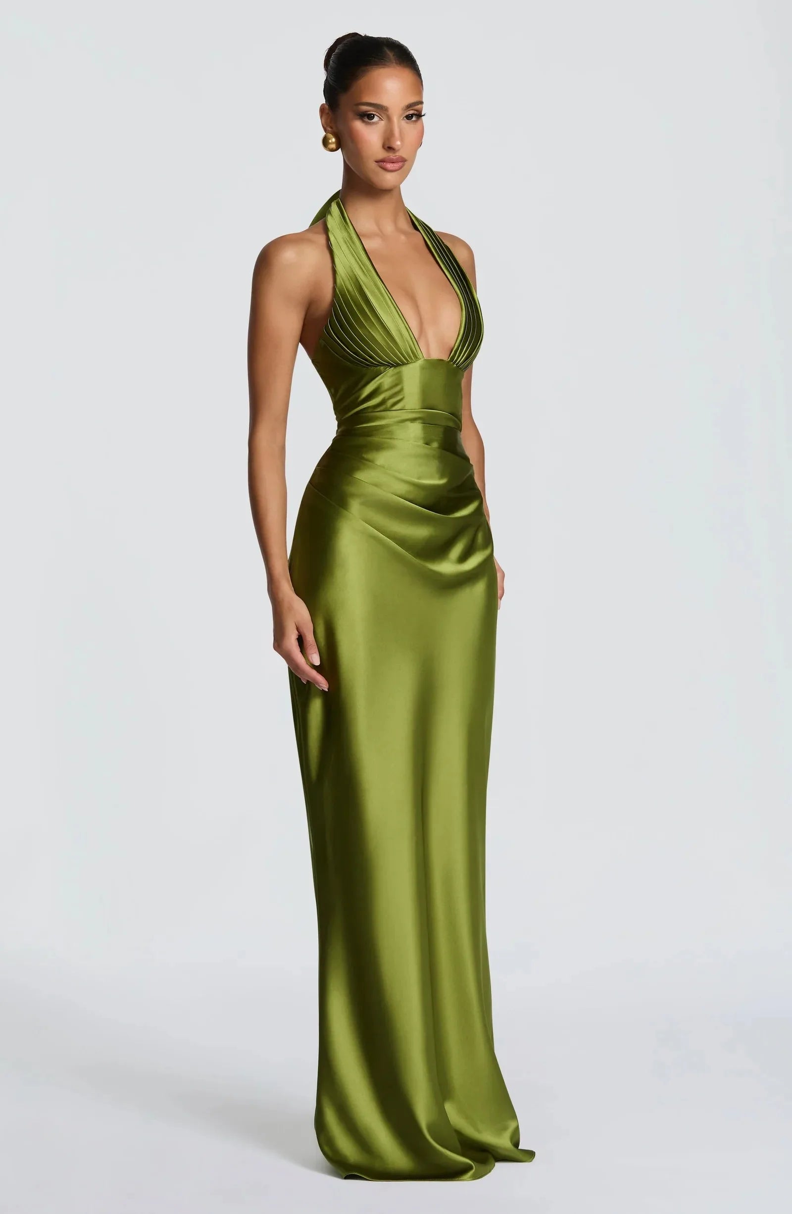 Olive Green Satin Formal Evening Dress