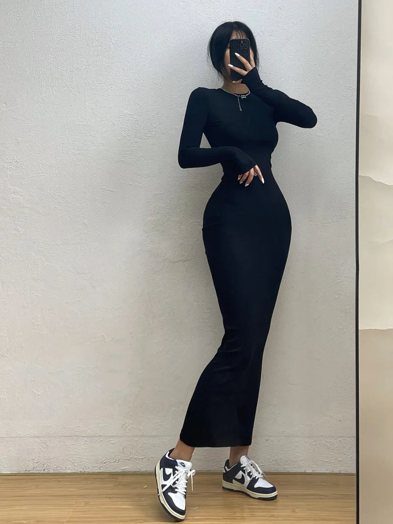 Simple Round-Neck Slim Maxi Dress