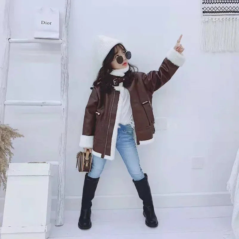 M&T Wear - Girls Jacket Leather Motorcycle Kids Coats Fleece Children Jacket Winter Autumn - M&T Wear