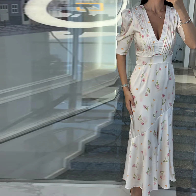 Vintage Polka Dot Puff-Sleeve Maxi Dress