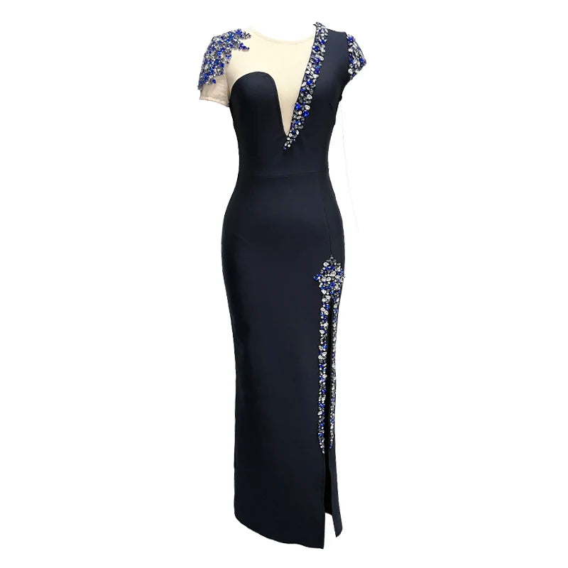 M&T Wear - VC Colorful Diamonds Bandage Long Dress Crystal Side Mesh - M&T Wear