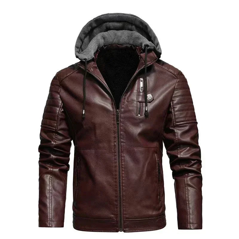 M&T Wear - Faux Leather Jacket Men Fashion Men's Hooded Jackets Autumn Winter Military Style Outwear Zipper Pockets Coat Detachable Hat - M&T Wear