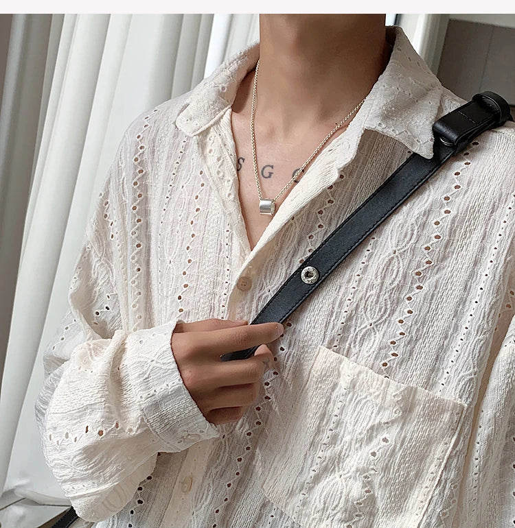 M&T Wear - Shirts for men Apricot Handsome Lapel Men Blouse Vacation Hollow Out Sexy Fashion Men Clothing Male Mesh Long-sleeved Shirts - M&T Wear