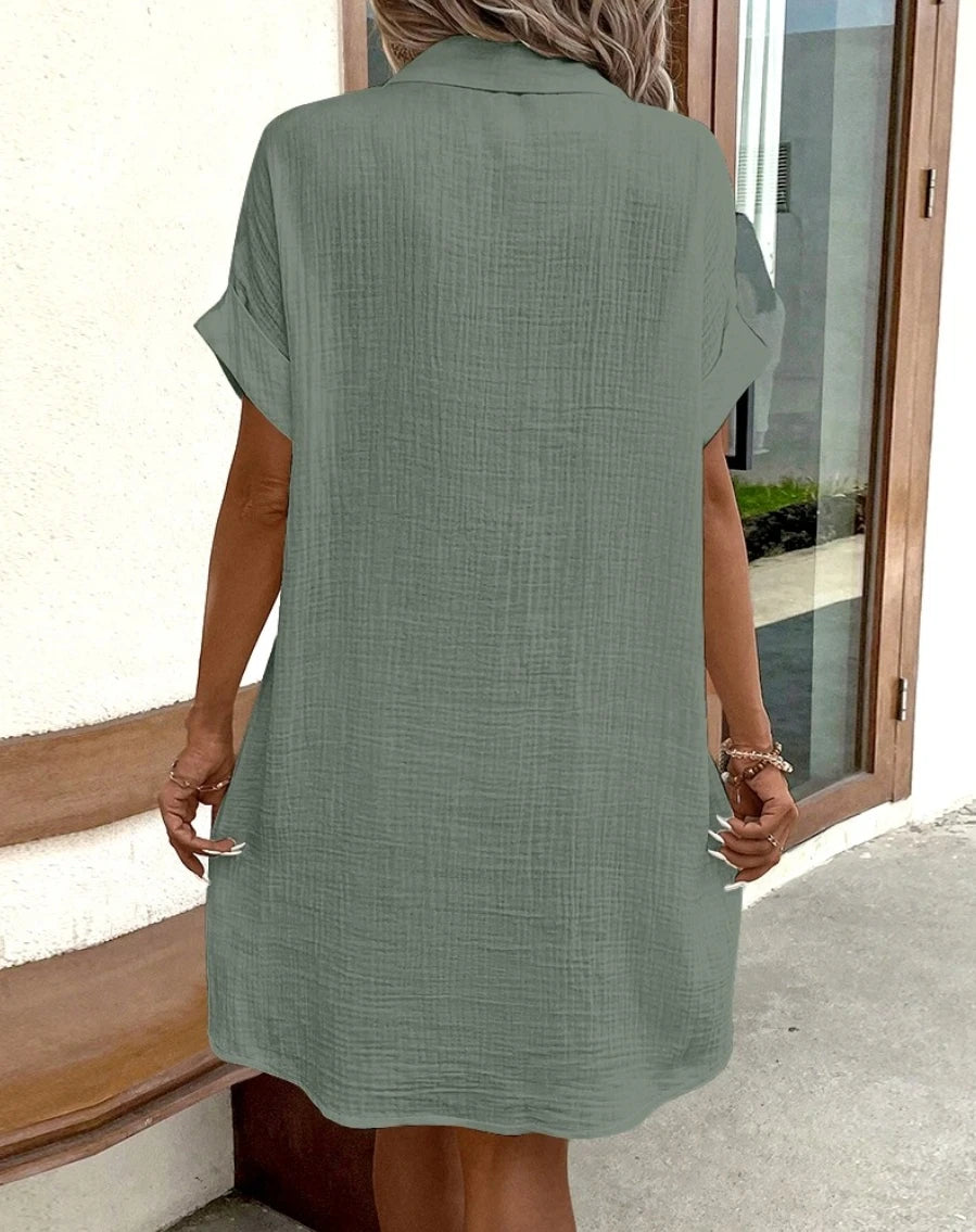 Vintage Solid Cotton-Linen Look Dress