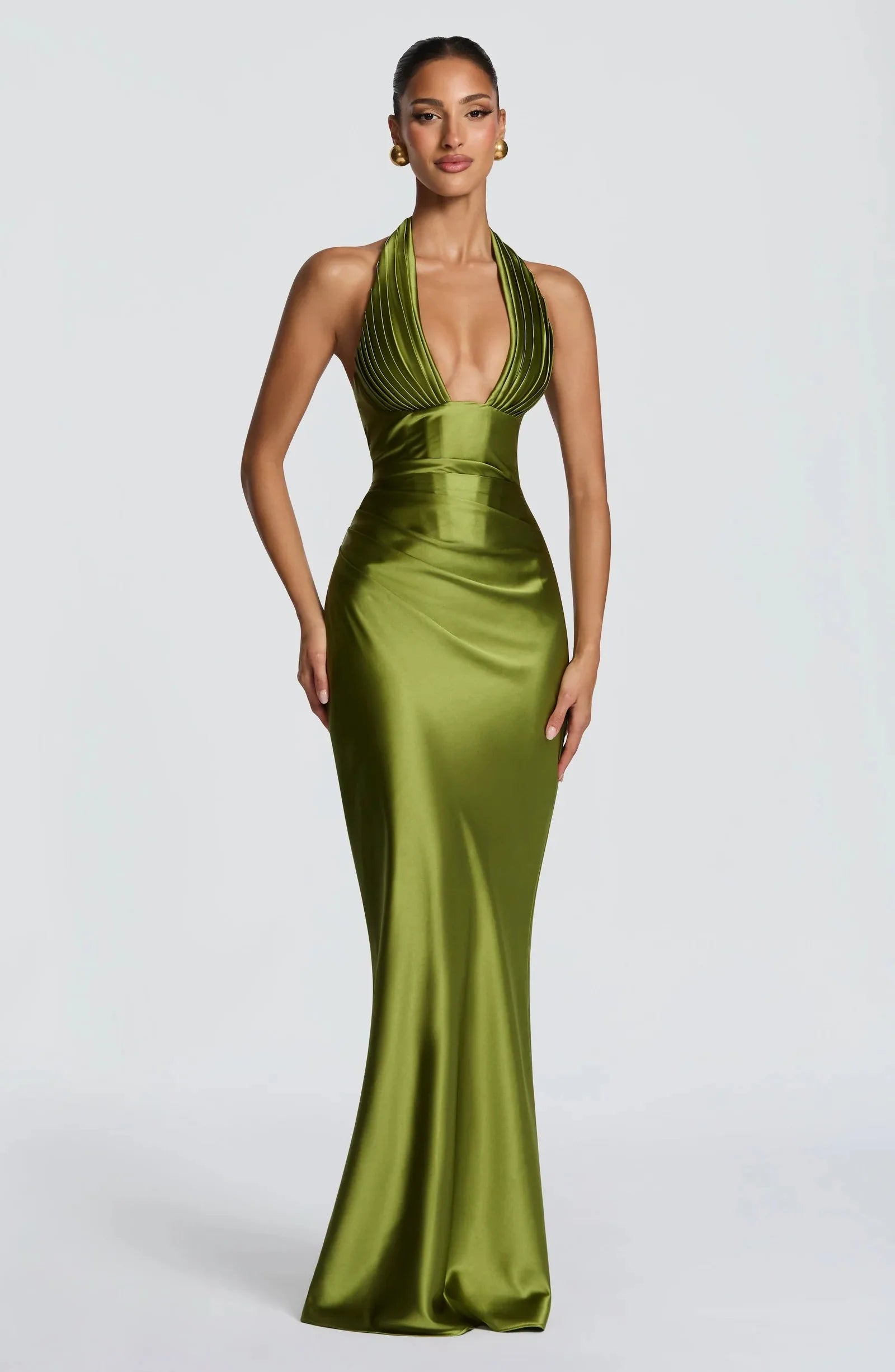 Olive Green Satin Formal Evening Dress