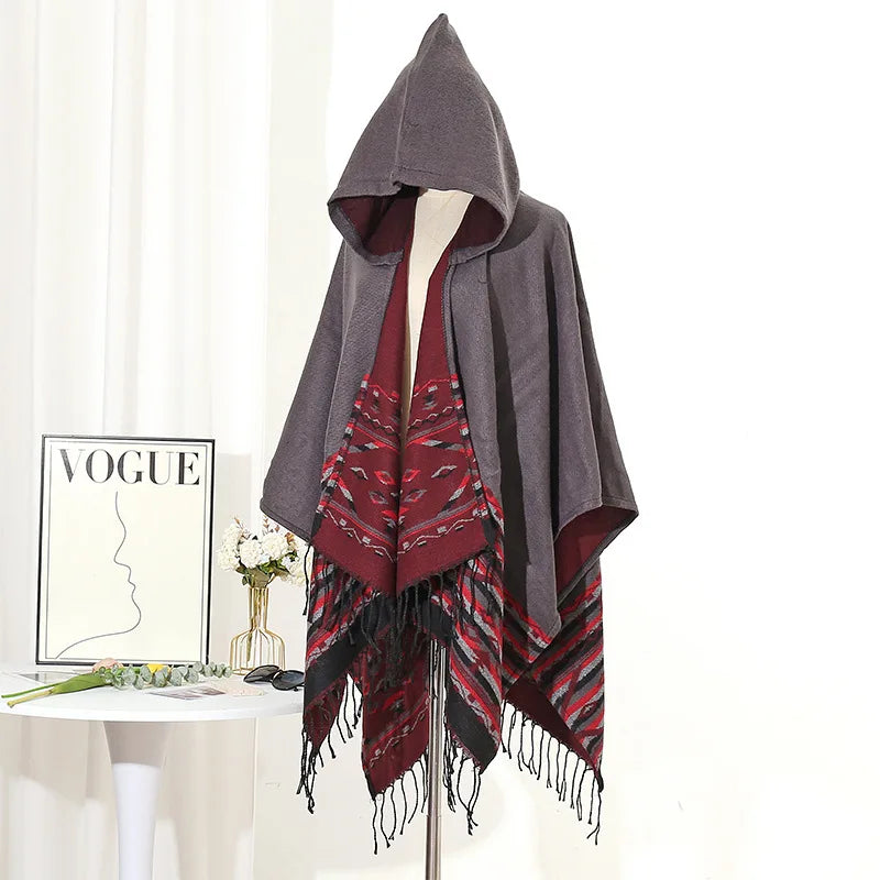 M&T Wear - Winter New Bohemian Shawl Men Ponchos Cashmere Blend Cape Coat Fringe Poncho Vintage Tassel Scarf Hooded Wraps Outwear - M&T Wear
