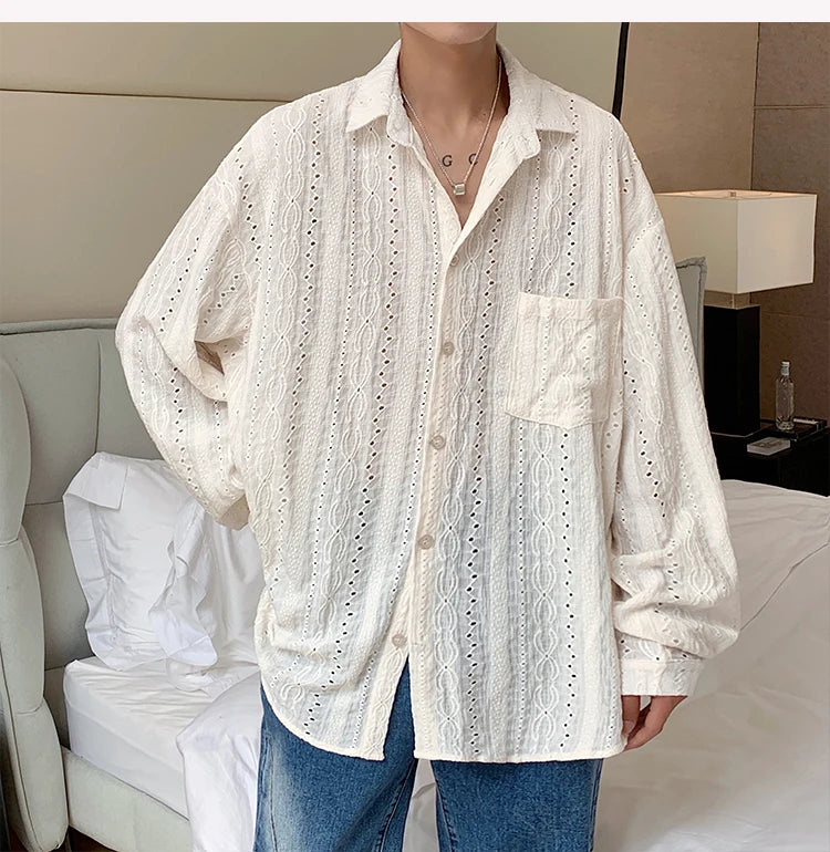 M&T Wear - Shirts for men Apricot Handsome Lapel Men Blouse Vacation Hollow Out Sexy Fashion Men Clothing Male Mesh Long-sleeved Shirts - M&T Wear