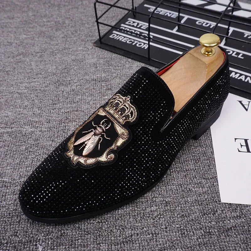 M&T Wear - New Shoes for Men Leather Casual Shoes Luxury Pointed Toe Party Dress Shoes Street Trend Slip-on Rhinestone Crown Loafers - M&T Wear