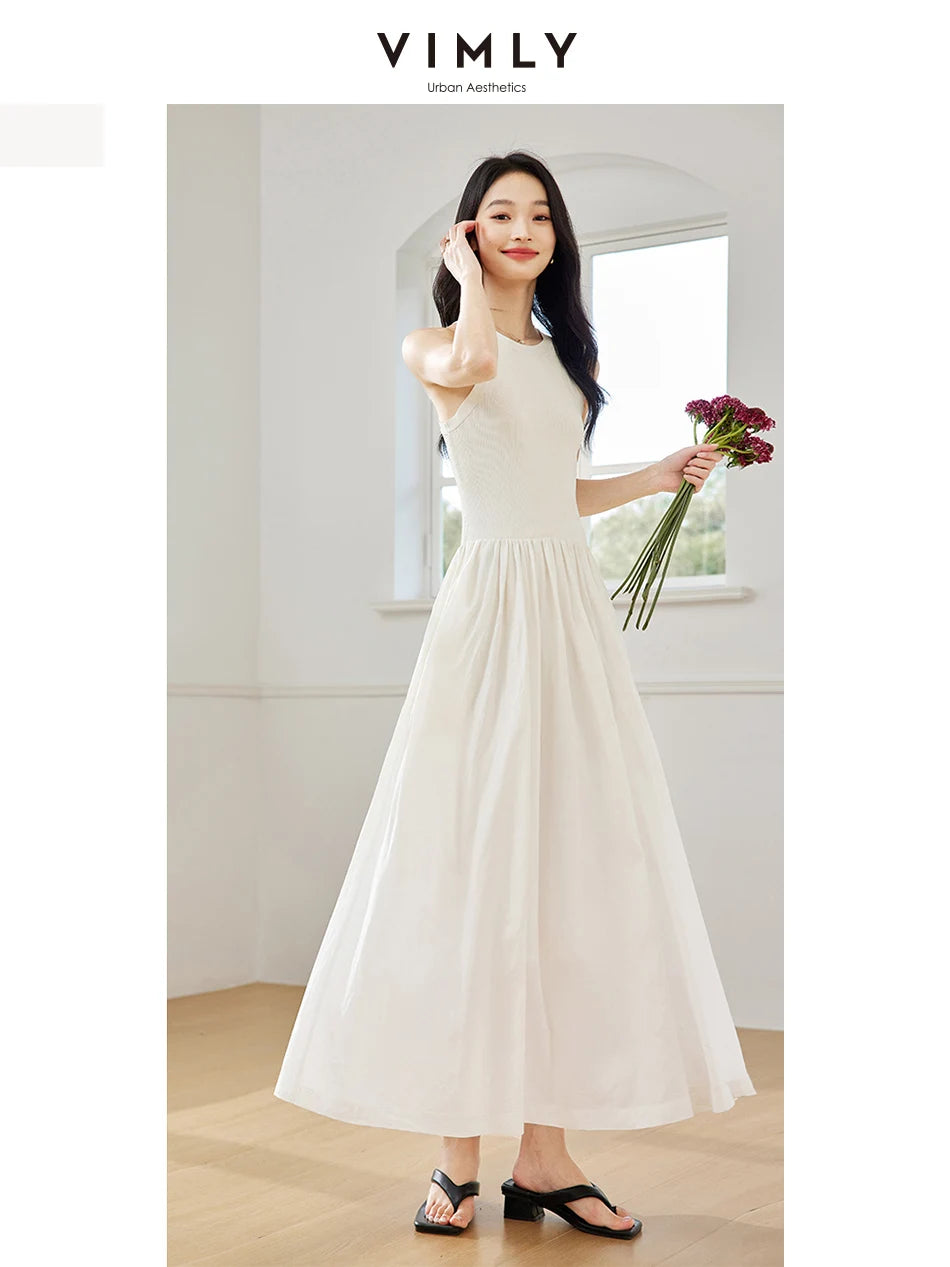 M&T Wear - VIMLY Women White Knit Vest Long Dresses Summer New Simple Elegant Sleeveless Waisted Temperament Party Evening A-Line Dress - M&T Wear