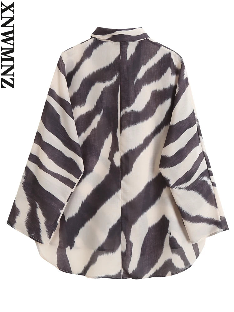 Zebra Print Cotton-Linen Look Blouse