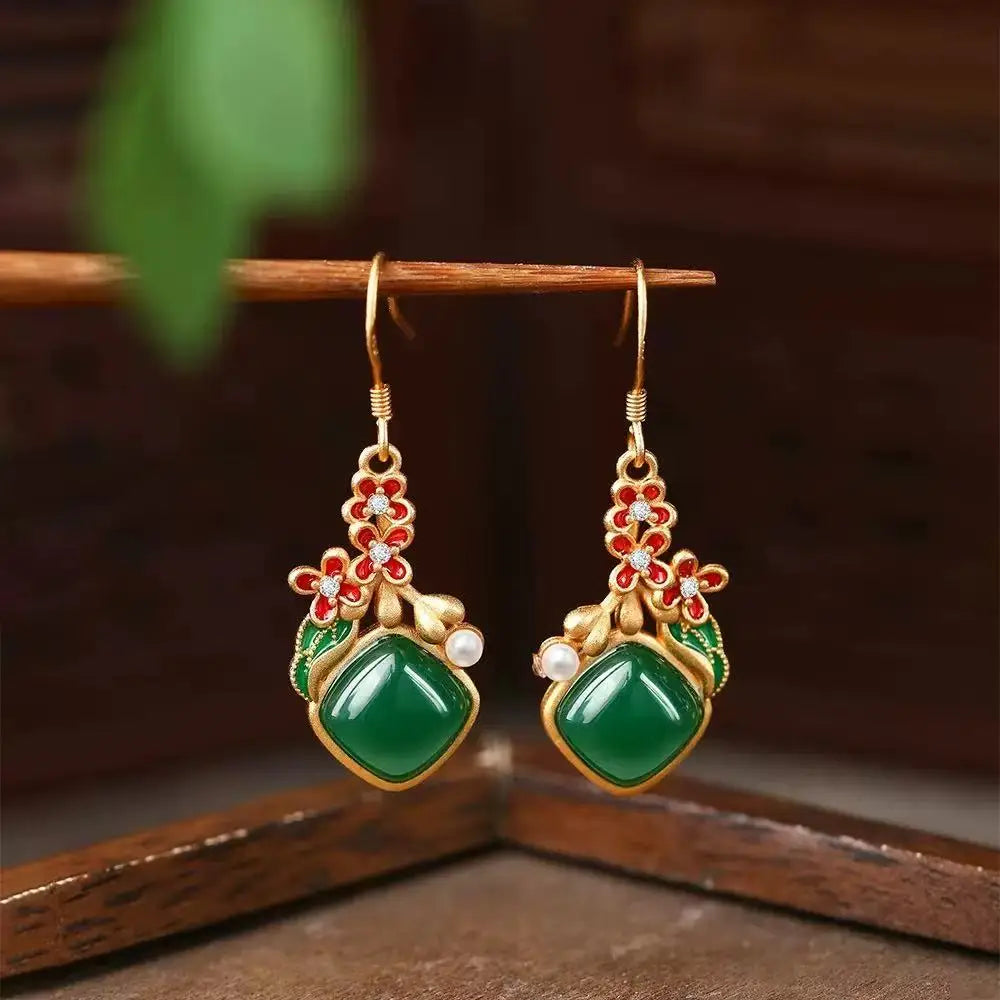 M&T Wear - Vintage Gilded Enamel Water-Drop Jade Earrings