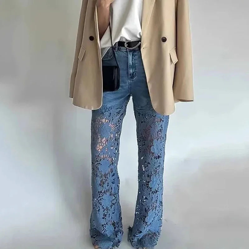 High-Waist Lace Splicing Ankle Jeans