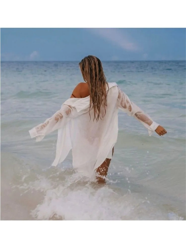 M&T Wear - Women's White Long Sleeve Button-Down Beach Dress