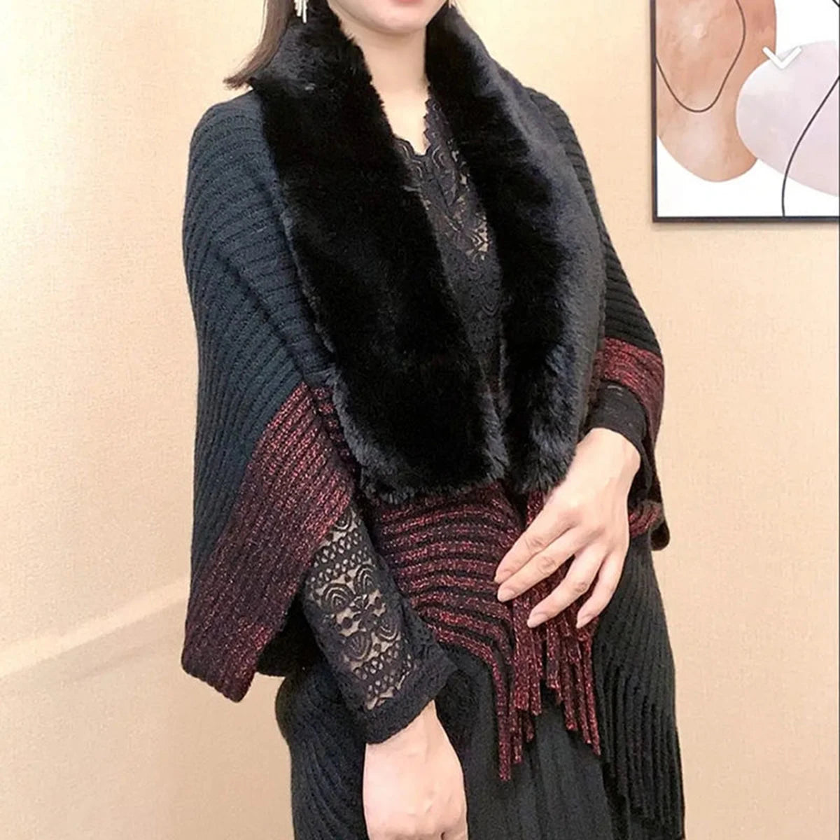 M&T Wear - Winter Hot Selling Women's Fur Collar Shawl Premium Quality Heavy Thick Knitting Shawl Luxury Designers Scarf Tassels Stoles - M&T Wear